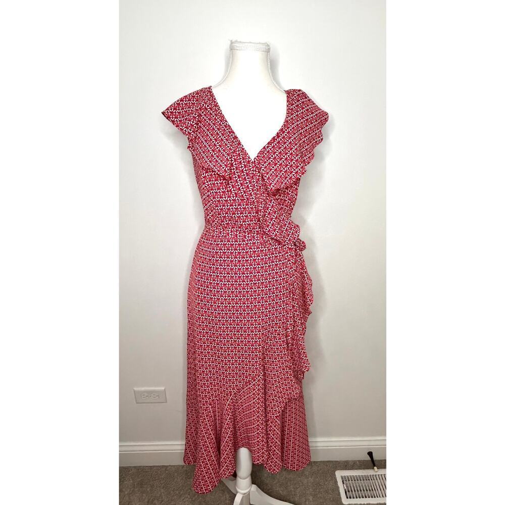 Max Studio Wrap Dress Women's M Red Floral Midi Cottagecore Peasant Boho July 4